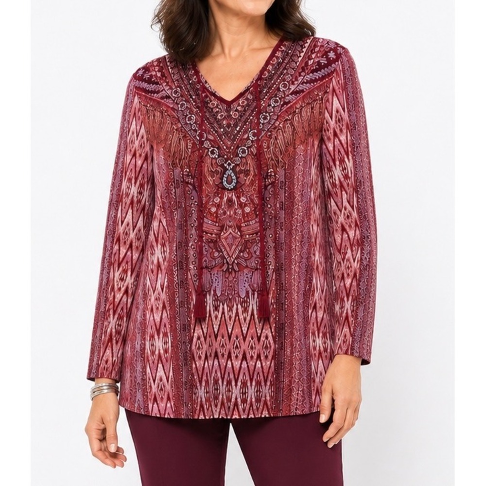 Belle by Kim Gravel Womens 1X Red Geometric Boho Embellished Tunic Top V-Neck